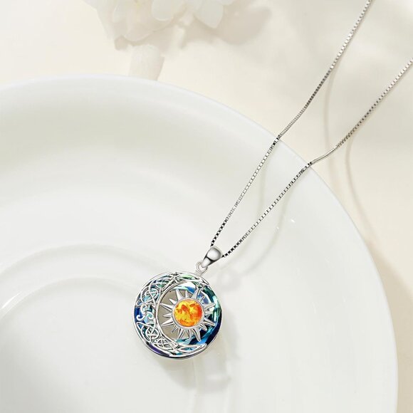 Sun and Moon Necklace Sterling Silver Amber Sun Moonstone Crystal Celestial Jewe - Picture 3 of 6